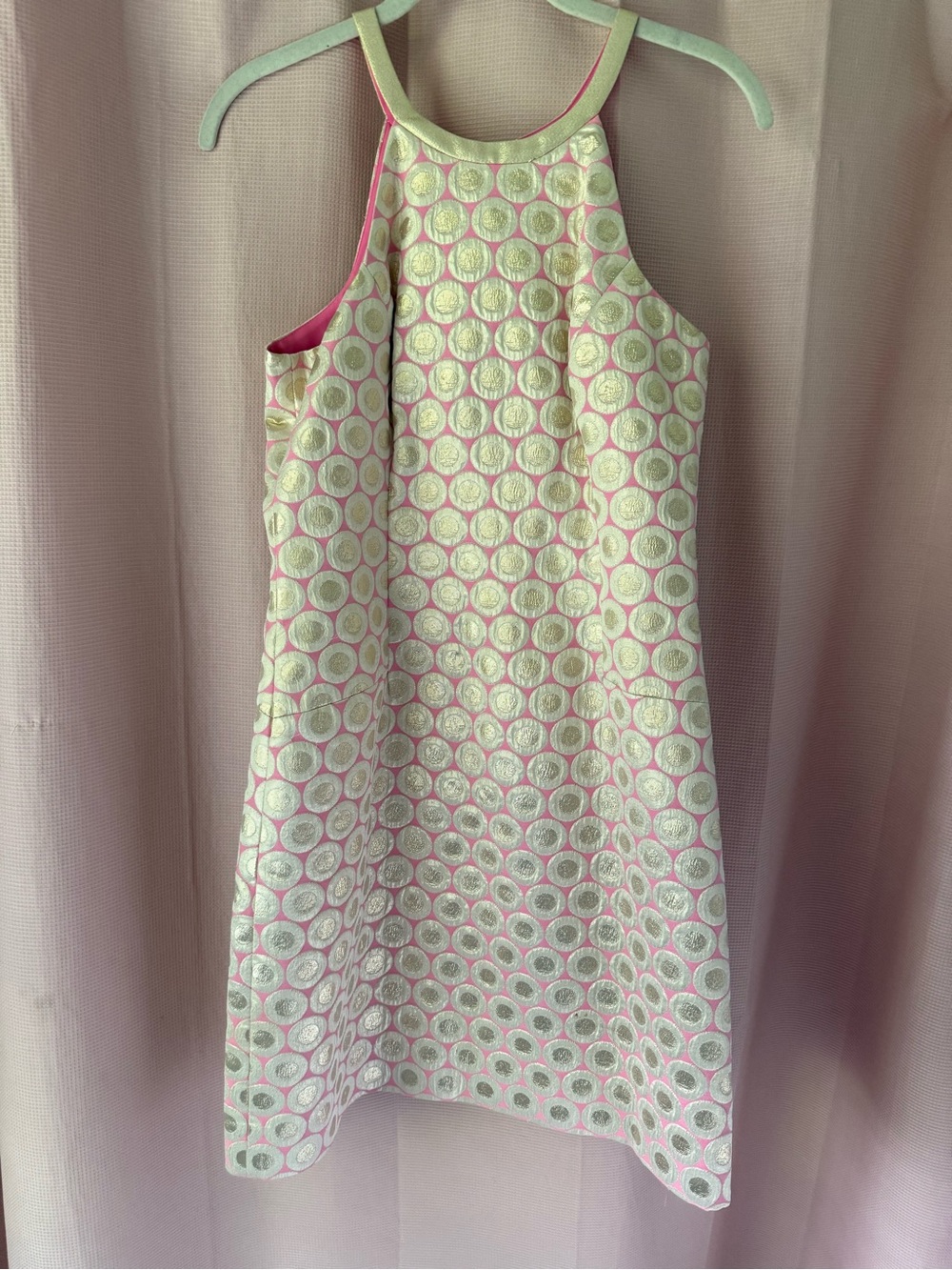 Pink and Gold Circle Jacquard Halter Dress